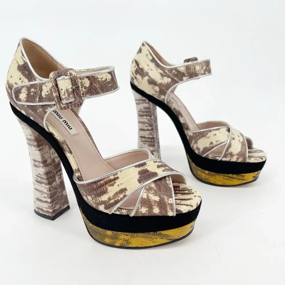 Miu Miu Beige Black Gold Teju Lizard Embossed Platform Sandals Heels IT 39.5